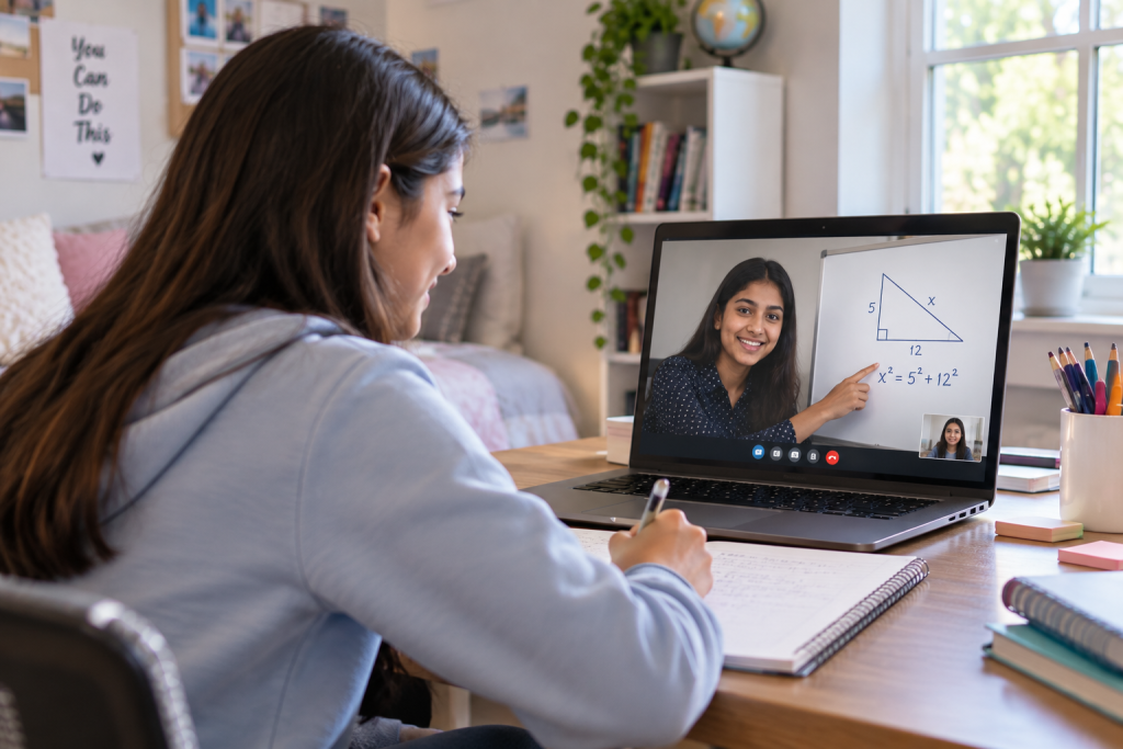 A tutor helping a student with one skill on a video call.