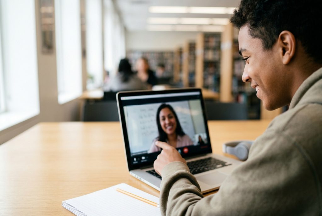 A tutor helping a student with one skill on a video call.