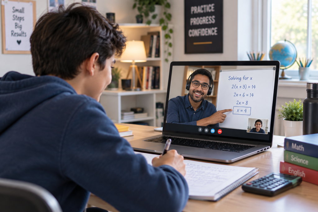 A tutor helping a student with one skill on a video call.