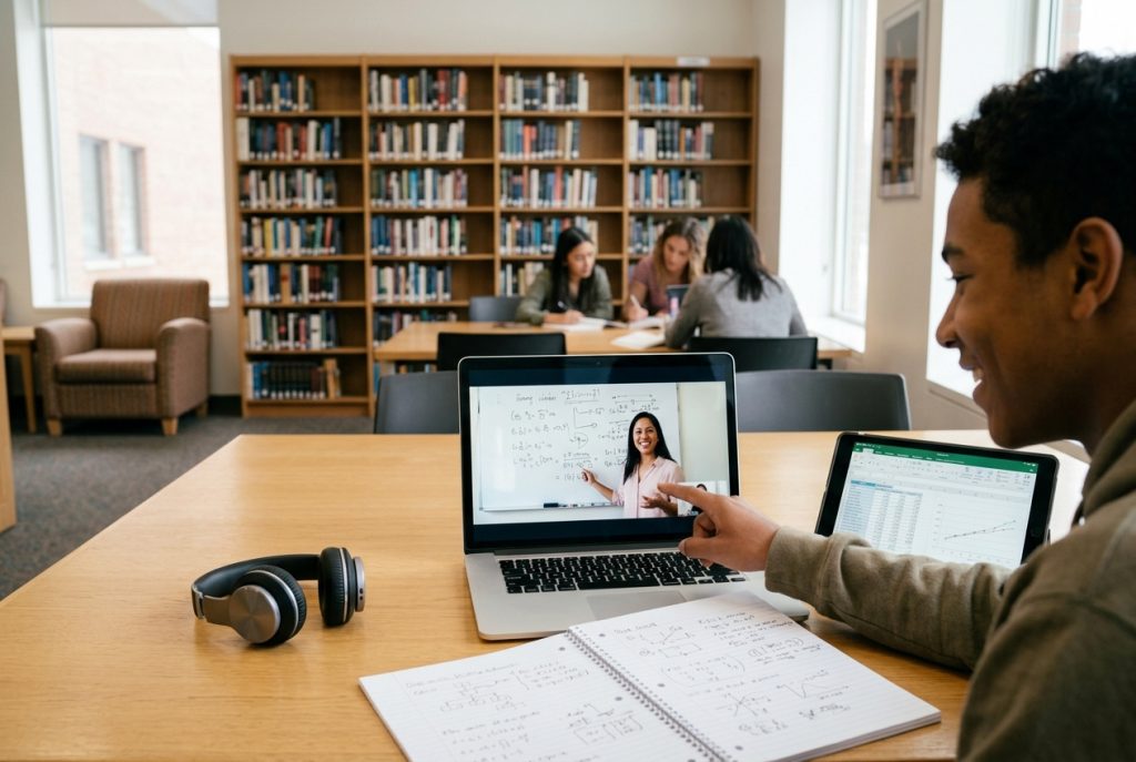 A tutor helping a student with one skill on a video call.