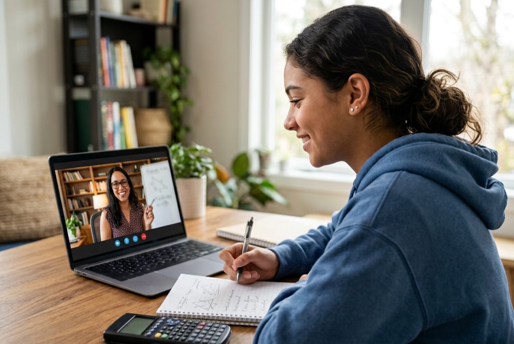A tutor helping a student with one skill on a video call.