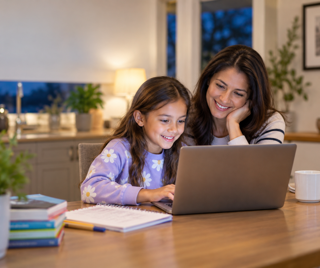 A parent and child working through a state test practice paper together.