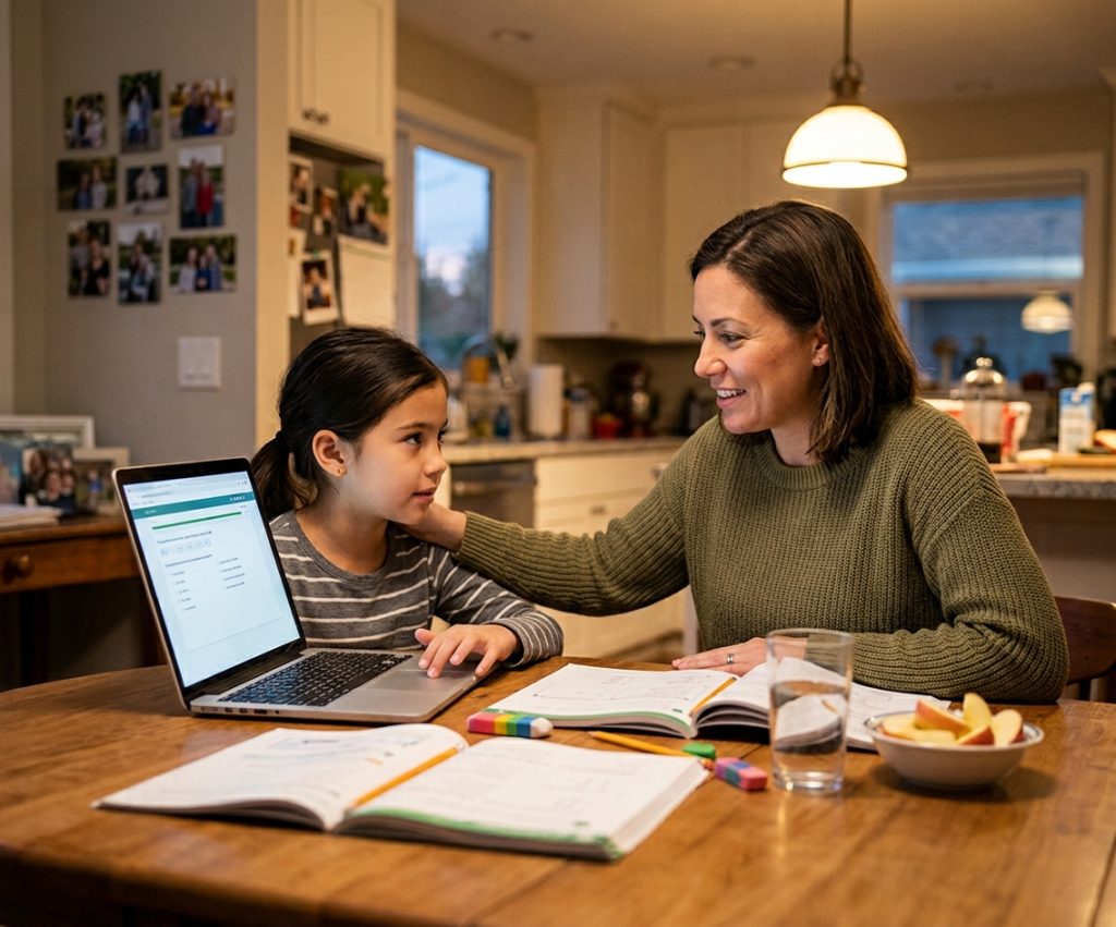 A parent and child working through a state test practice paper together.
