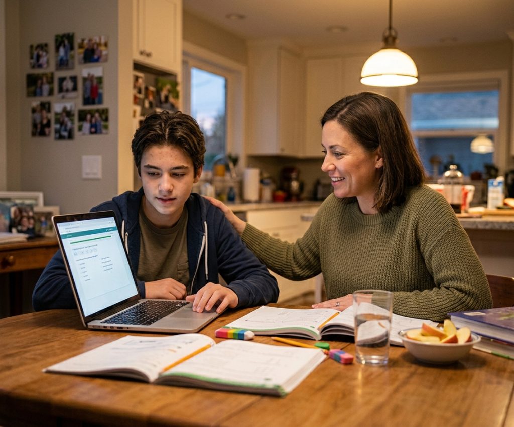 A parent and child working through a state test practice paper together.