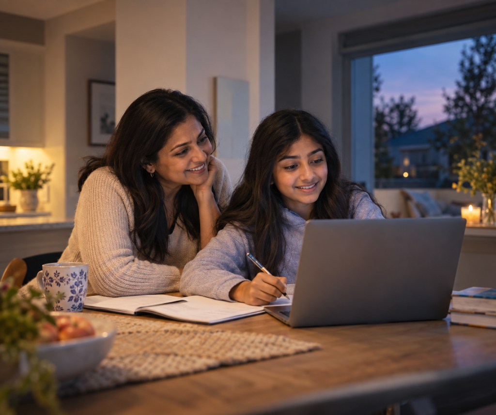 A parent and child working through a state test practice paper together.