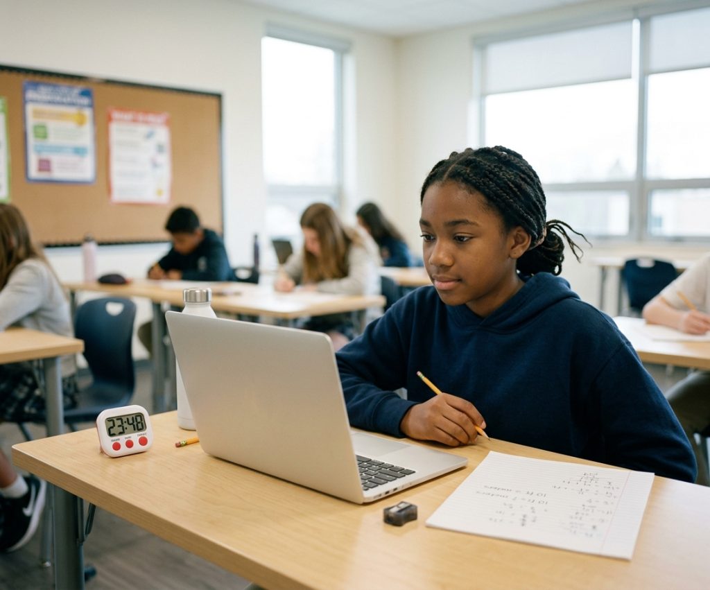 A student sitting a timed practice paper for the state test.