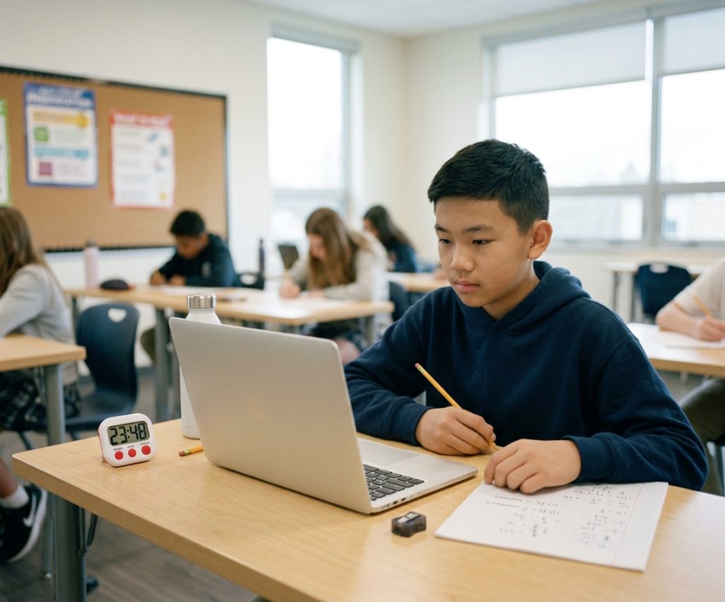 A student sitting a timed practice paper for the state test.
