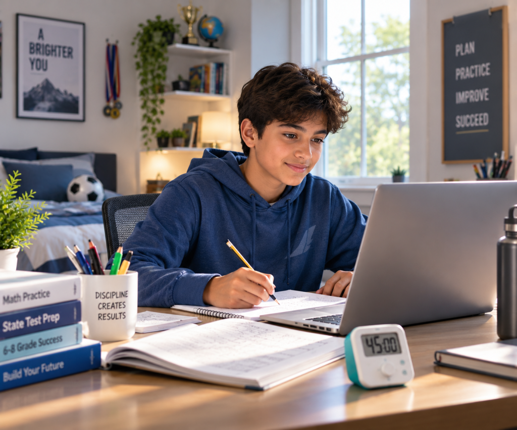 A student sitting a timed practice paper for the state test.