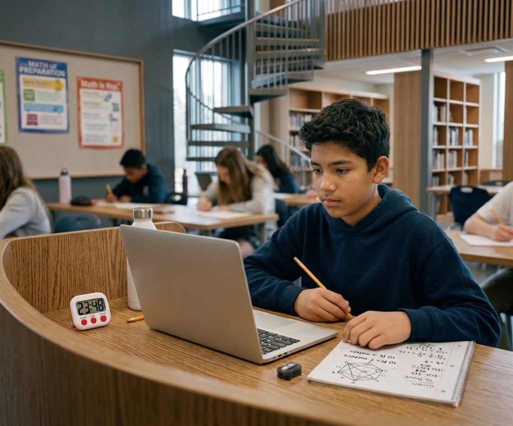 A student sitting a timed practice paper for the state test.
