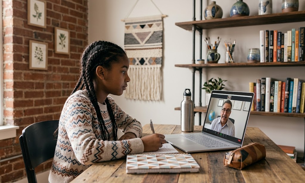 A tutor and student on a video call.