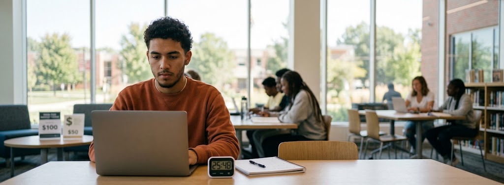 A student taking a timed practice test on a laptop.